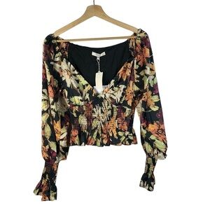 Wayf Black Floral Smocked V-Neck Blouse